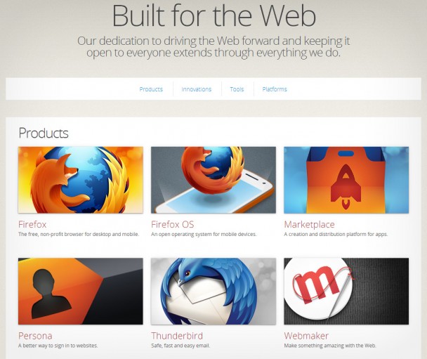 Capture d'écran de produits proposés par Mozilla