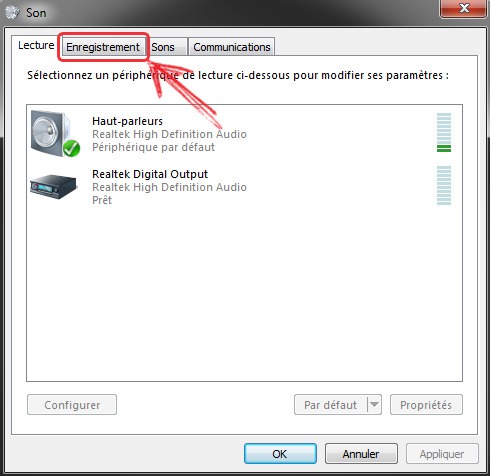 Screenshot of Recording Tab Control Panel - Windows OS