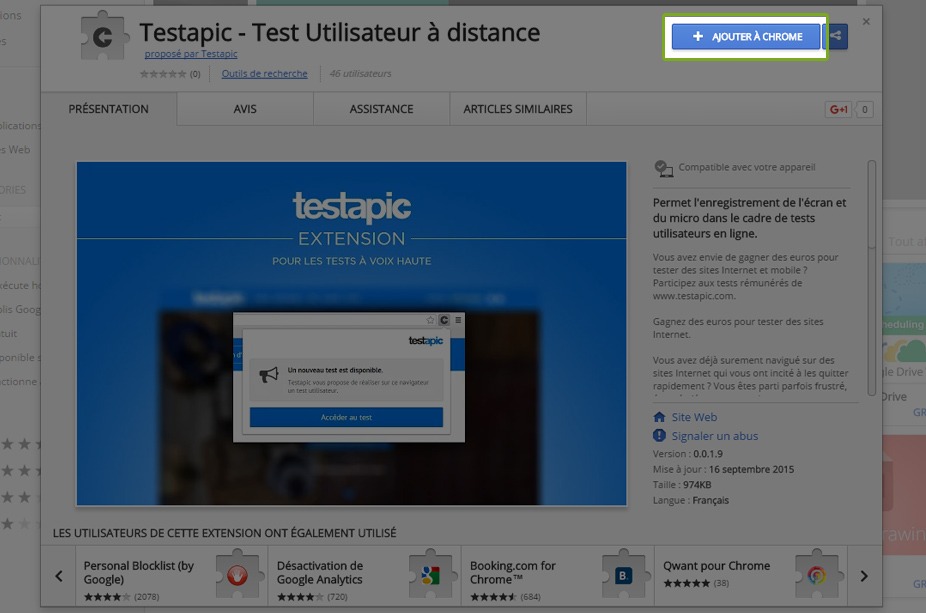 Capture d'écran de la page Testapic Extension